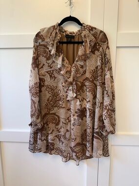 House of Harlow 1960 Brown Paisley Ruffle V-Neck Babydoll Dress